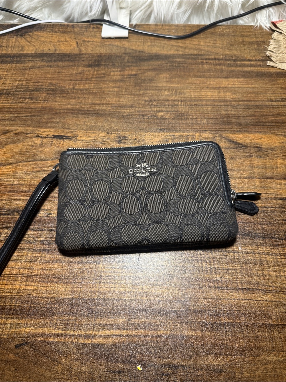 COACH Black Signature Zip Wristlet with Detachable Strap